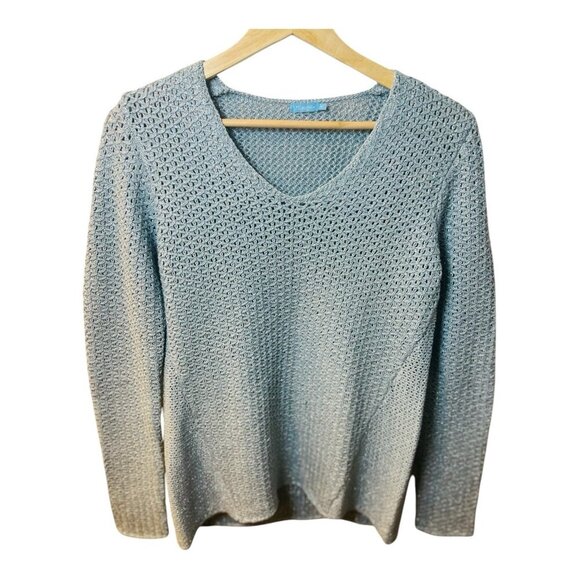J. McLaughlin Women’s Laney Blue Metallic Open Knit Vneck Sweater Size Large - Picture 1 of 6